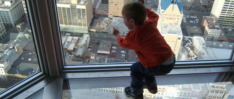 Glass floor suspended over the city streets in Calgary Tower