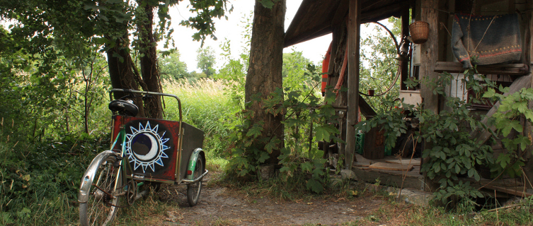 A Christiania Cargo Bike outside a free town dwelling