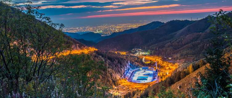 Medeo speed-skating rink at sunset