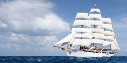 A tall ship sails between vineyards in the Mediterranean